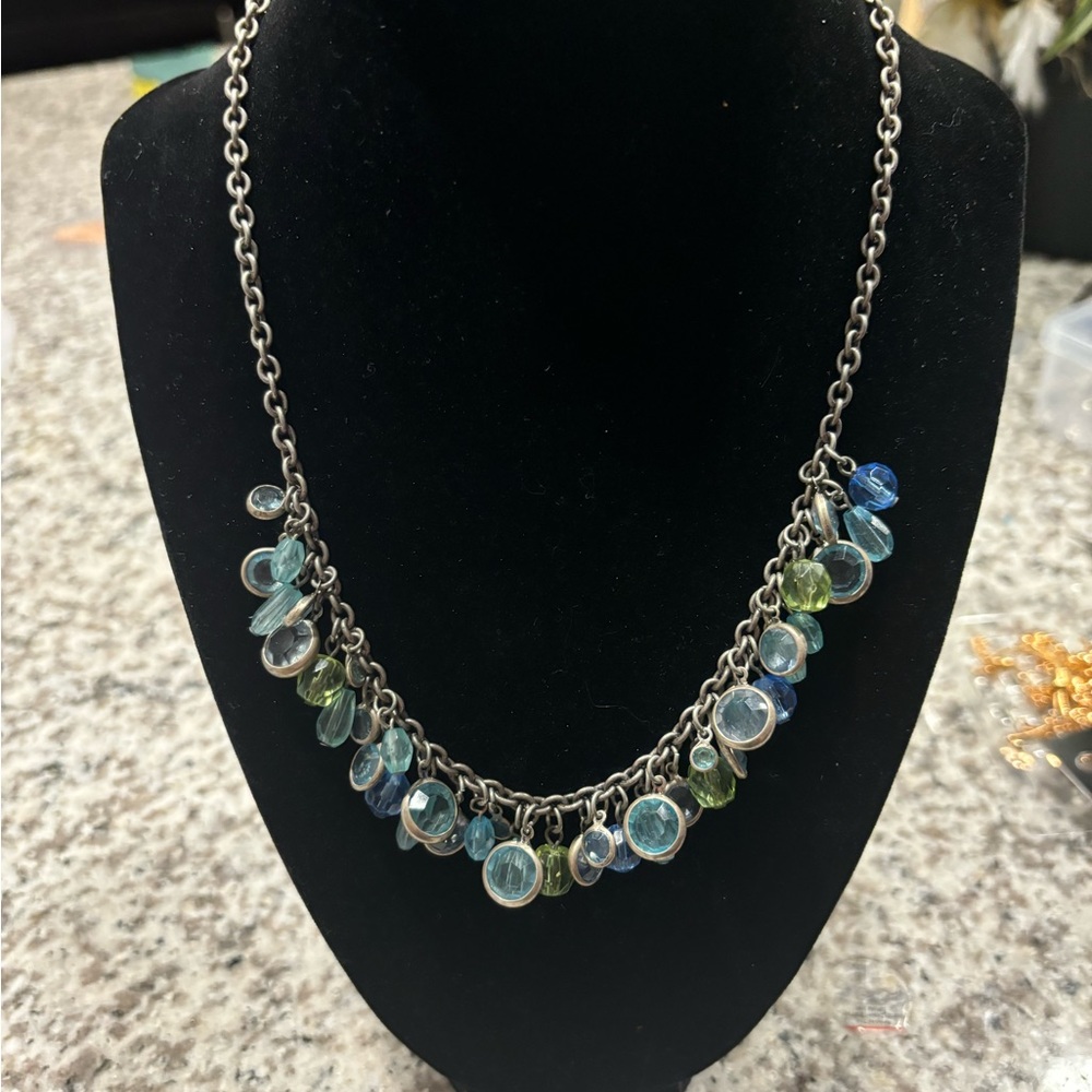 Green & Blue Gem/ Bead Silver Tone Necklace